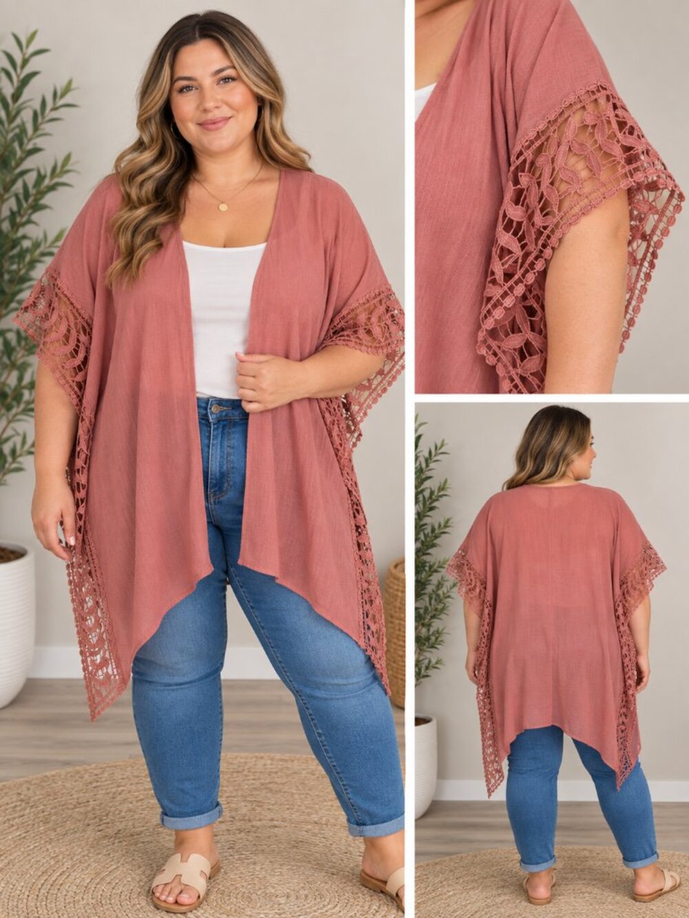 Cato Kimonos *Set of 2* Dusty Rose With Lace Accents & Cream With Embroidery OS